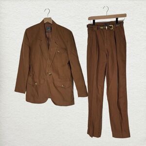 Vintage Lizwear 2-Piece Brown Linen Suit Blazer Pants Set Sz 6 Belted 90s Safari